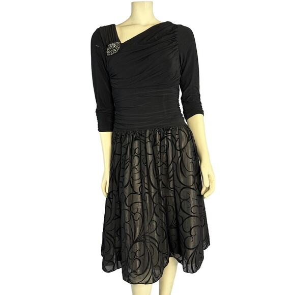 S.L. Fashions Black Ruched Embellished 3/4 Sleeves Fit Flare print dress size 6 - Picture 1 of 11